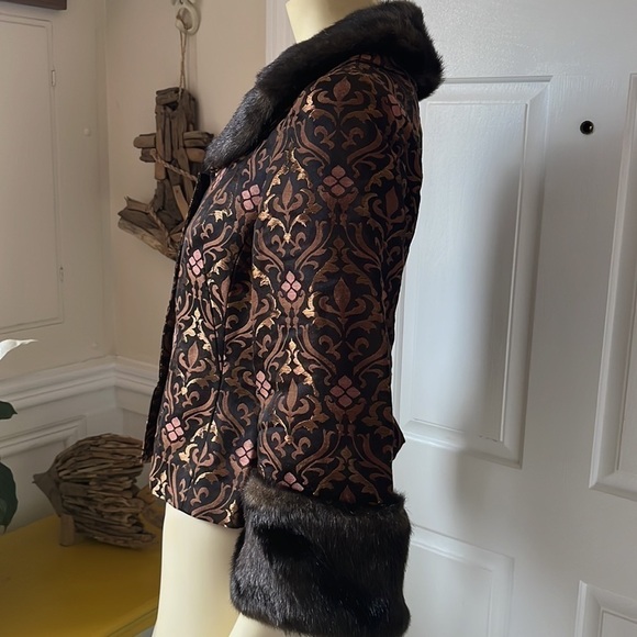 VTG nine west brown & rose gold 90’S brocade jacket removable faux fur trim 4 - Picture 3 of 15